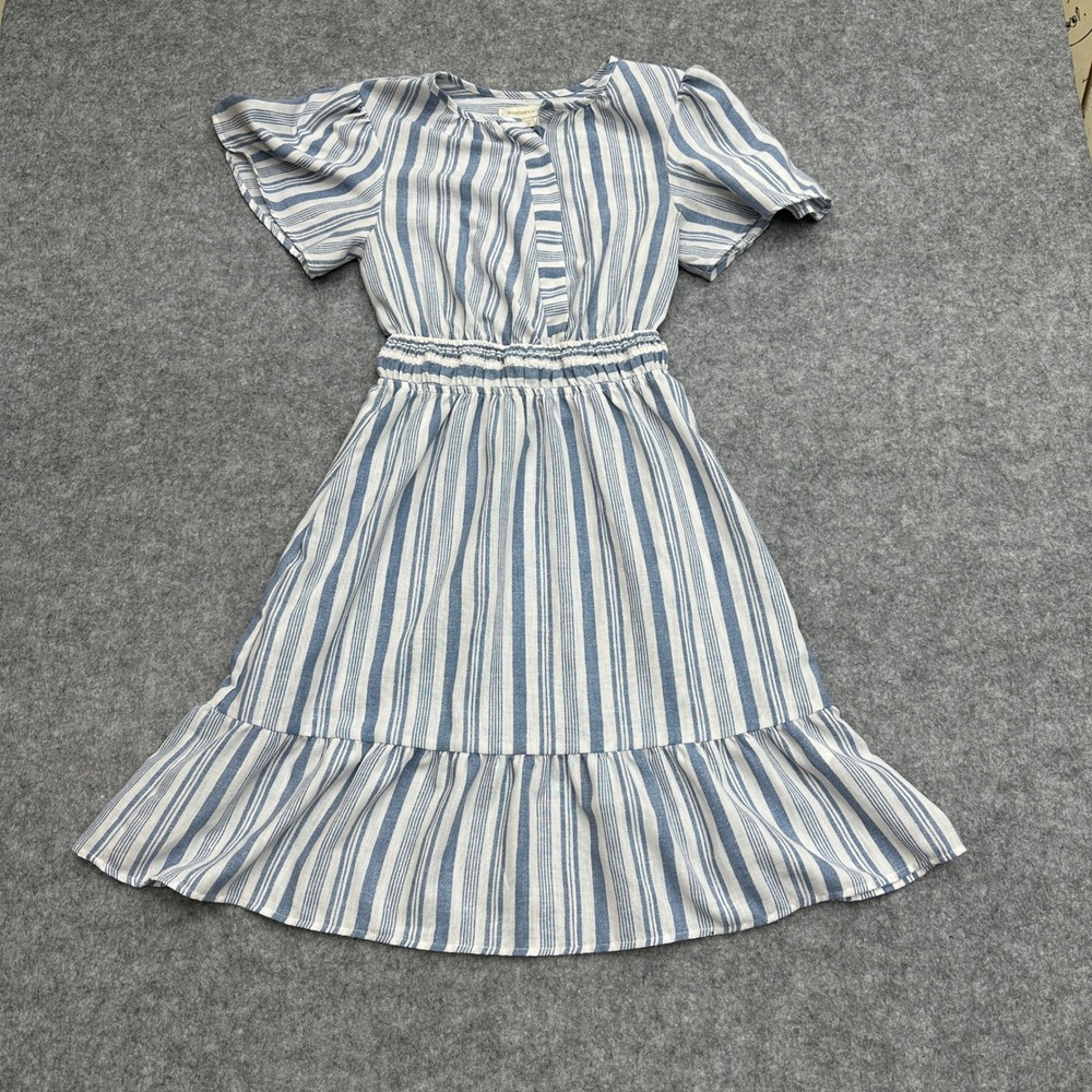 Monteau Los Angeles Blue White Striped Smocked Waist Ruffle Hem Dress Size Md